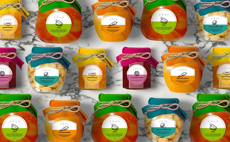 罐裝食品插畫包裝設(shè)計(jì)-覆盆子果醬，瓜果醬，腌制蘑菇，蔬菜魚子醬和檸檬汁